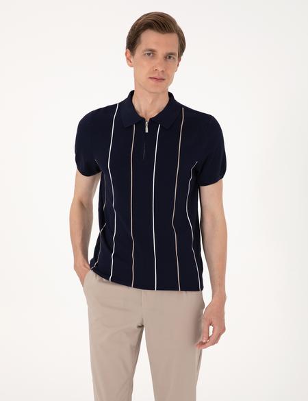 Lacivert Slim Fit Polo Yaka Fermuarlı Triko Tişört - 50305982011