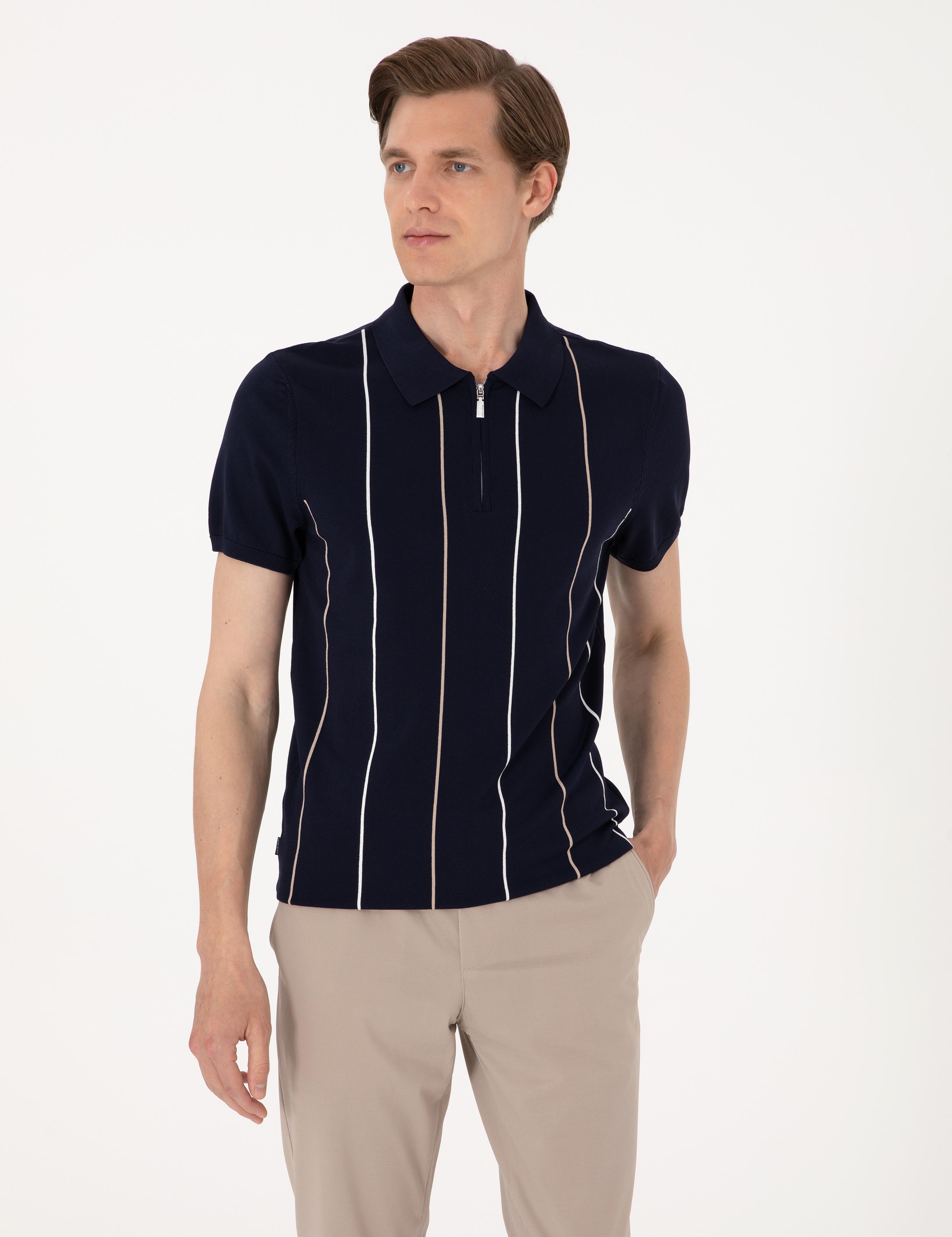 Lacivert Slim Fit Polo Yaka Fermuarlı Triko Tişört