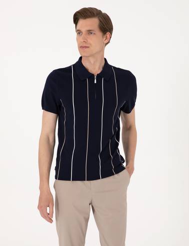Lacivert Slim Fit Polo Yaka Fermuarlı Triko Tişört