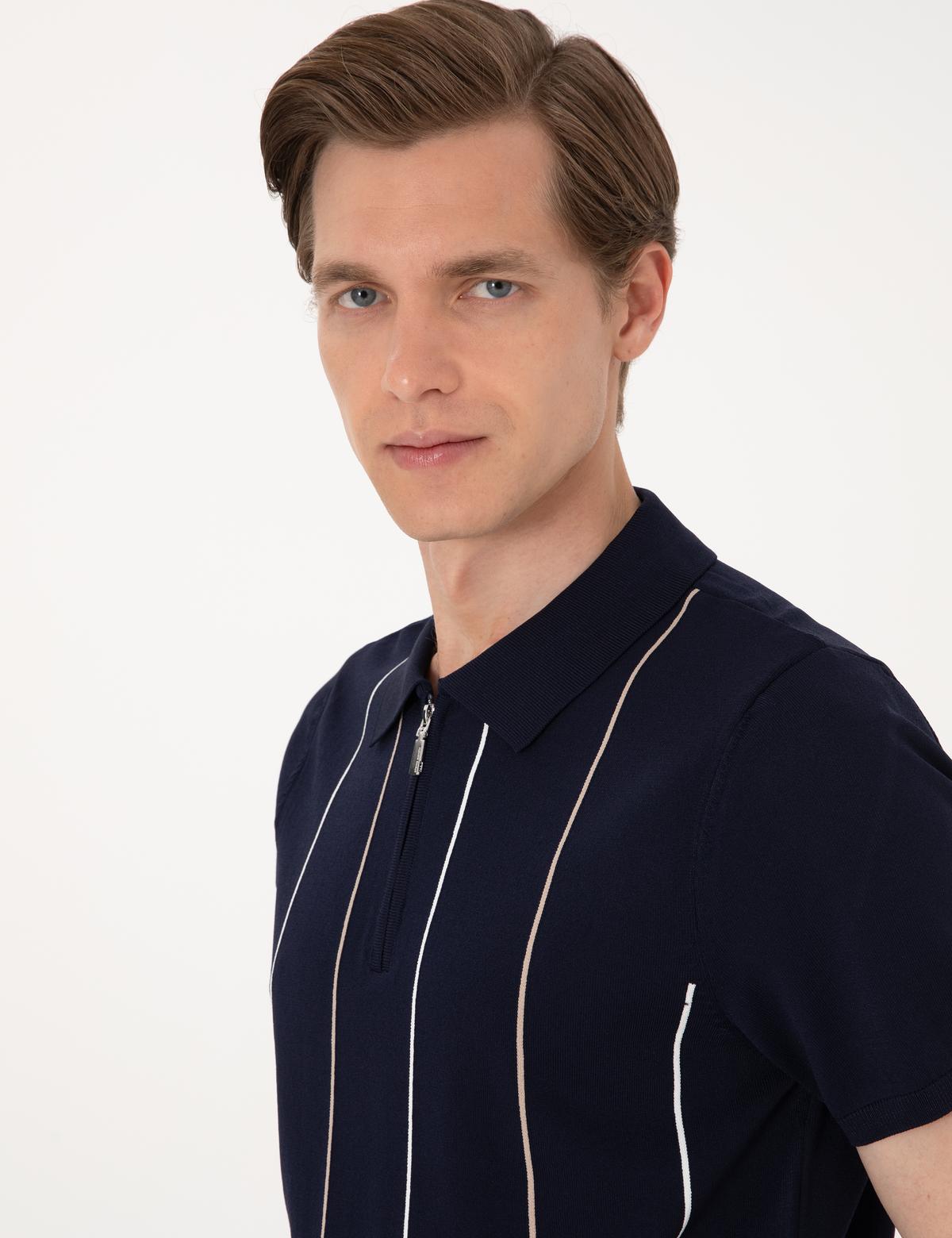 Lacivert Slim Fit Polo Yaka Fermuarlı Triko Tişört - 50305982011