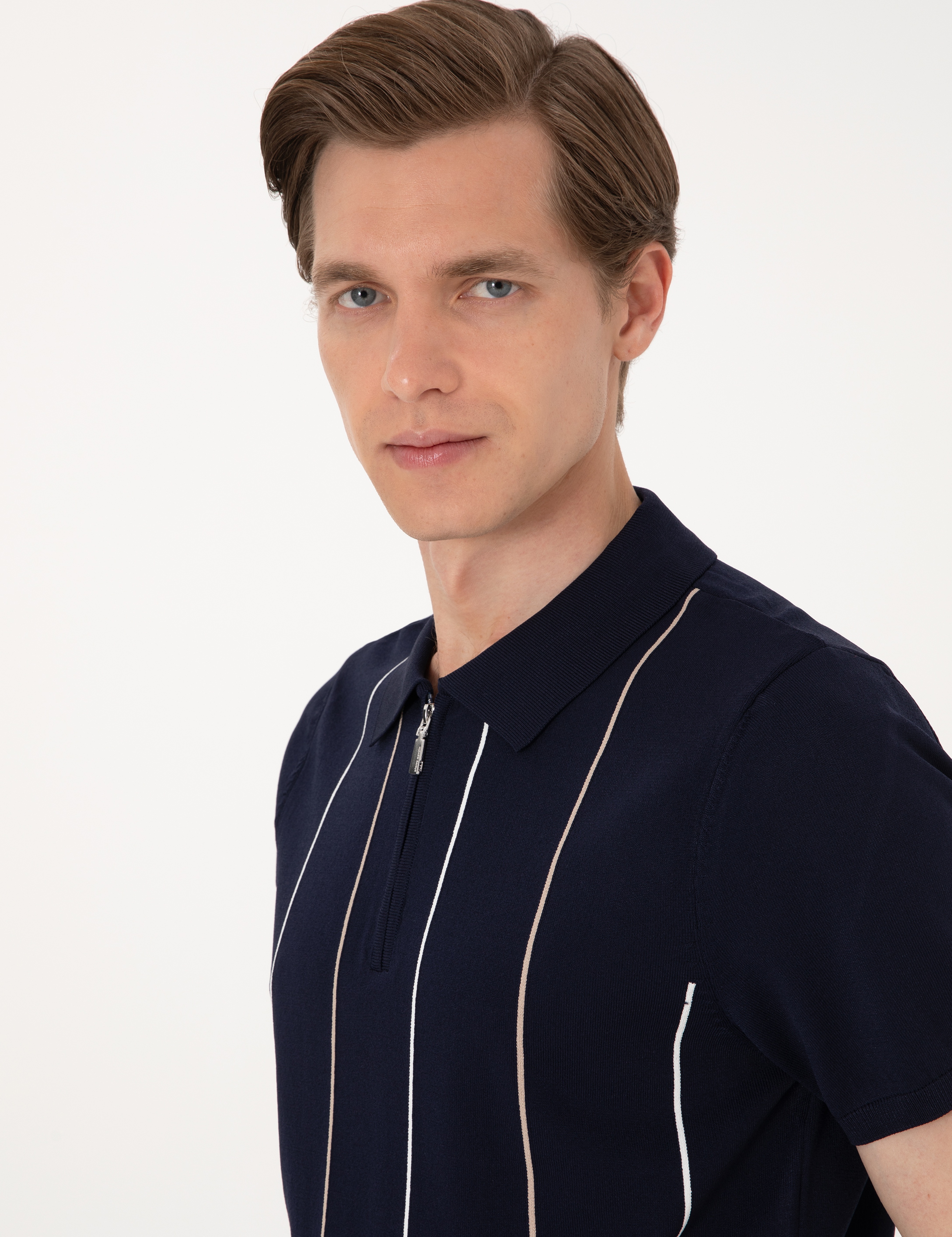 Lacivert Slim Fit Polo Yaka Fermuarlı Triko Tişört - Image 2