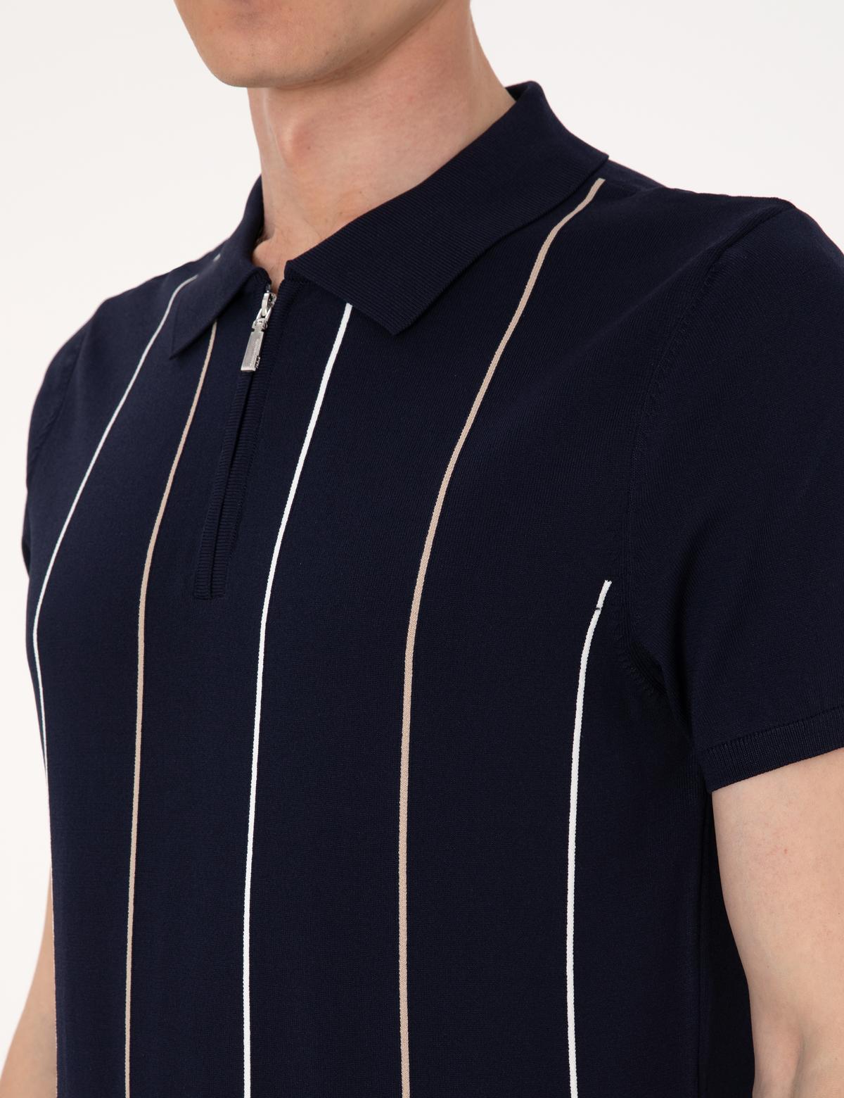Lacivert Slim Fit Polo Yaka Fermuarlı Triko Tişört - 50305982011