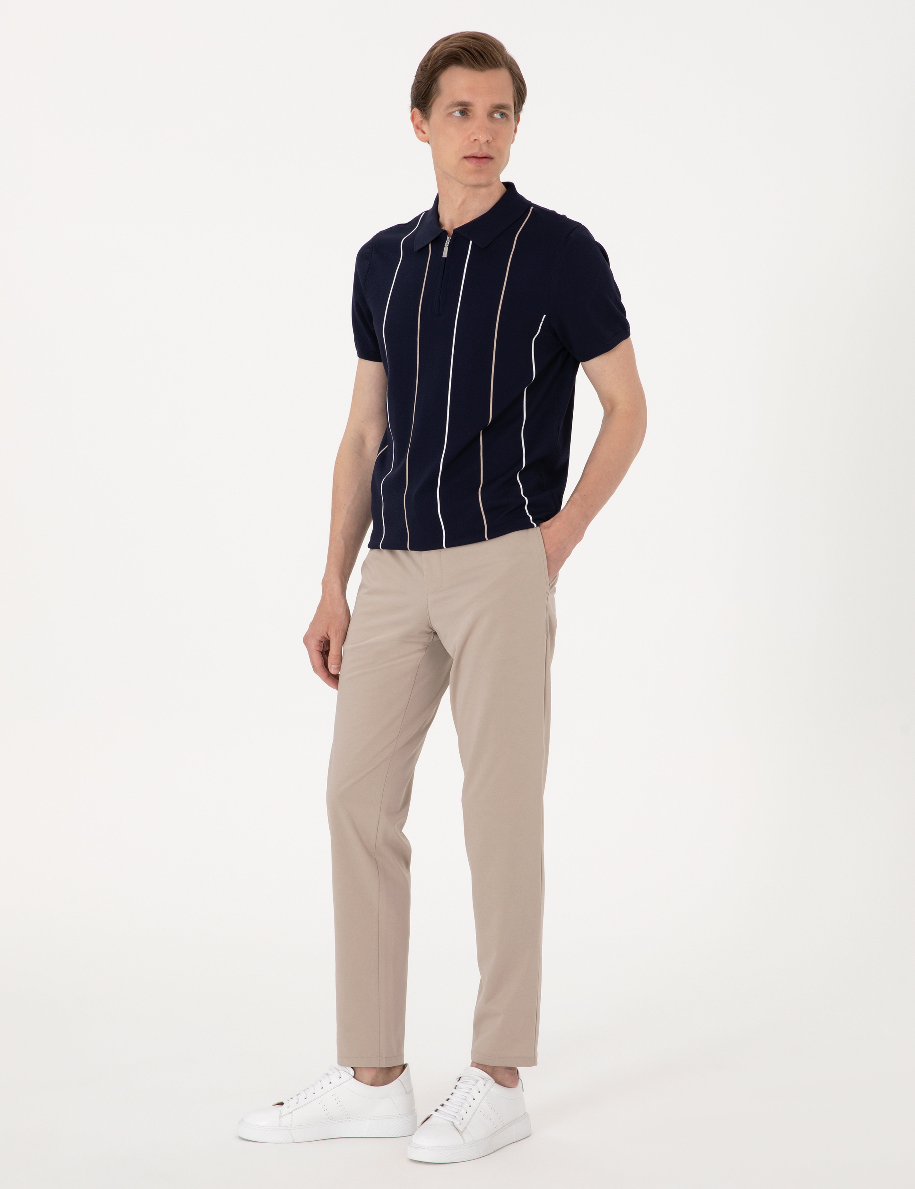 Lacivert Slim Fit Polo Yaka Fermuarlı Triko Tişört