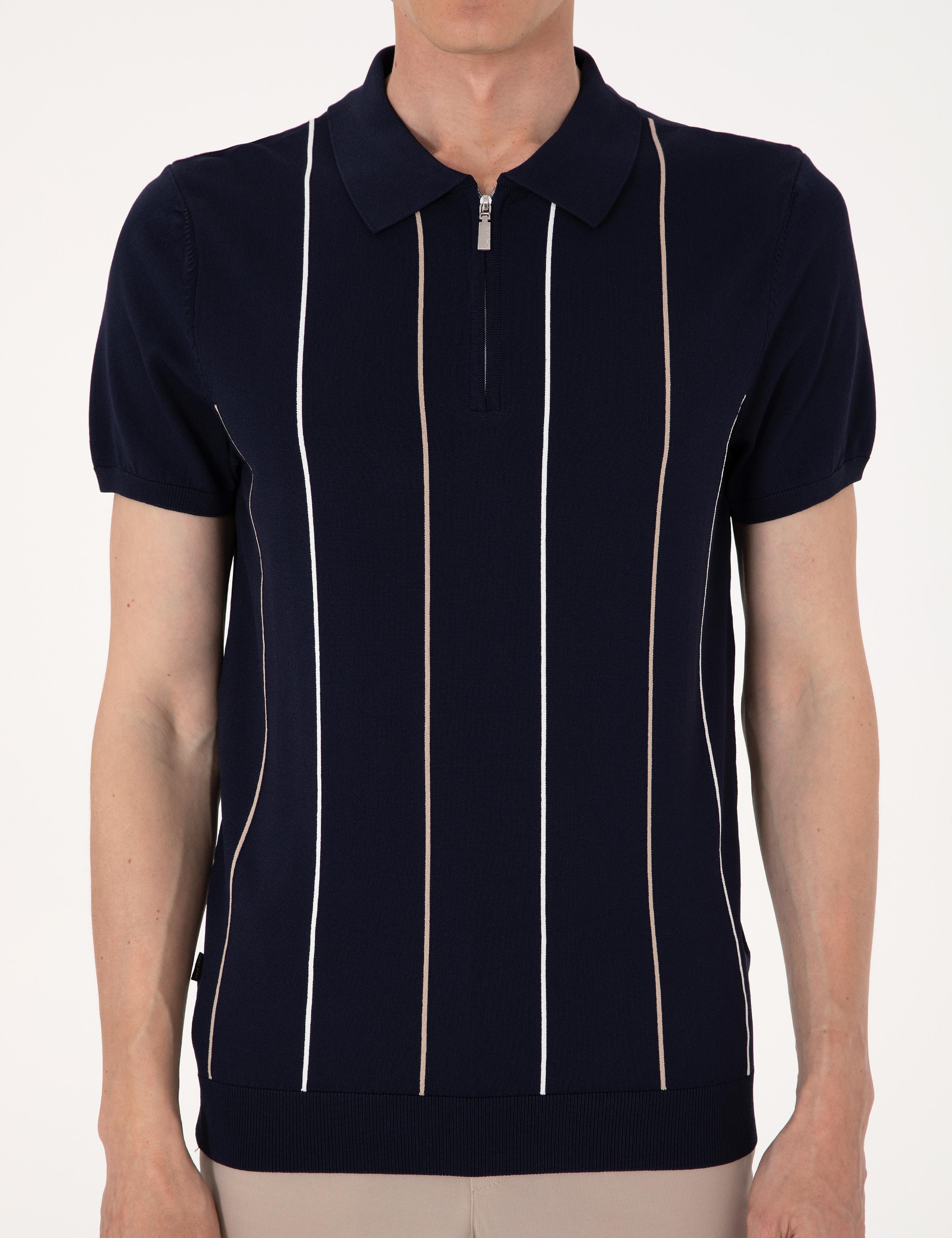 Lacivert Slim Fit Polo Yaka Fermuarlı Triko Tişört