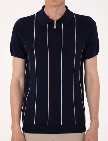 Lacivert Slim Fit Polo Yaka Fermuarlı Triko Tişört