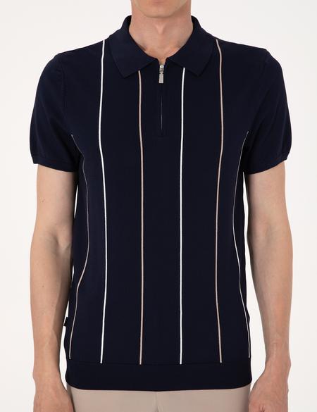 Lacivert Slim Fit Polo Yaka Fermuarlı Triko Tişört - 50305982011