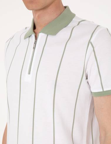 Çağla Yeşili Çizgi Detaylı Slim Fit Polo Yaka Tişört