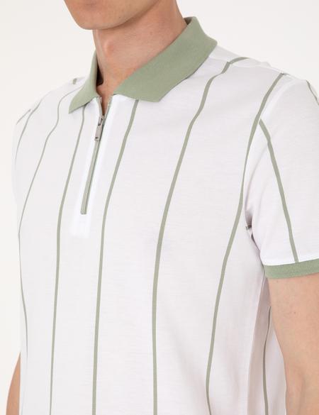 Çağla Yeşili Çizgi Detaylı Slim Fit Polo Yaka Tişört - 50307519010
