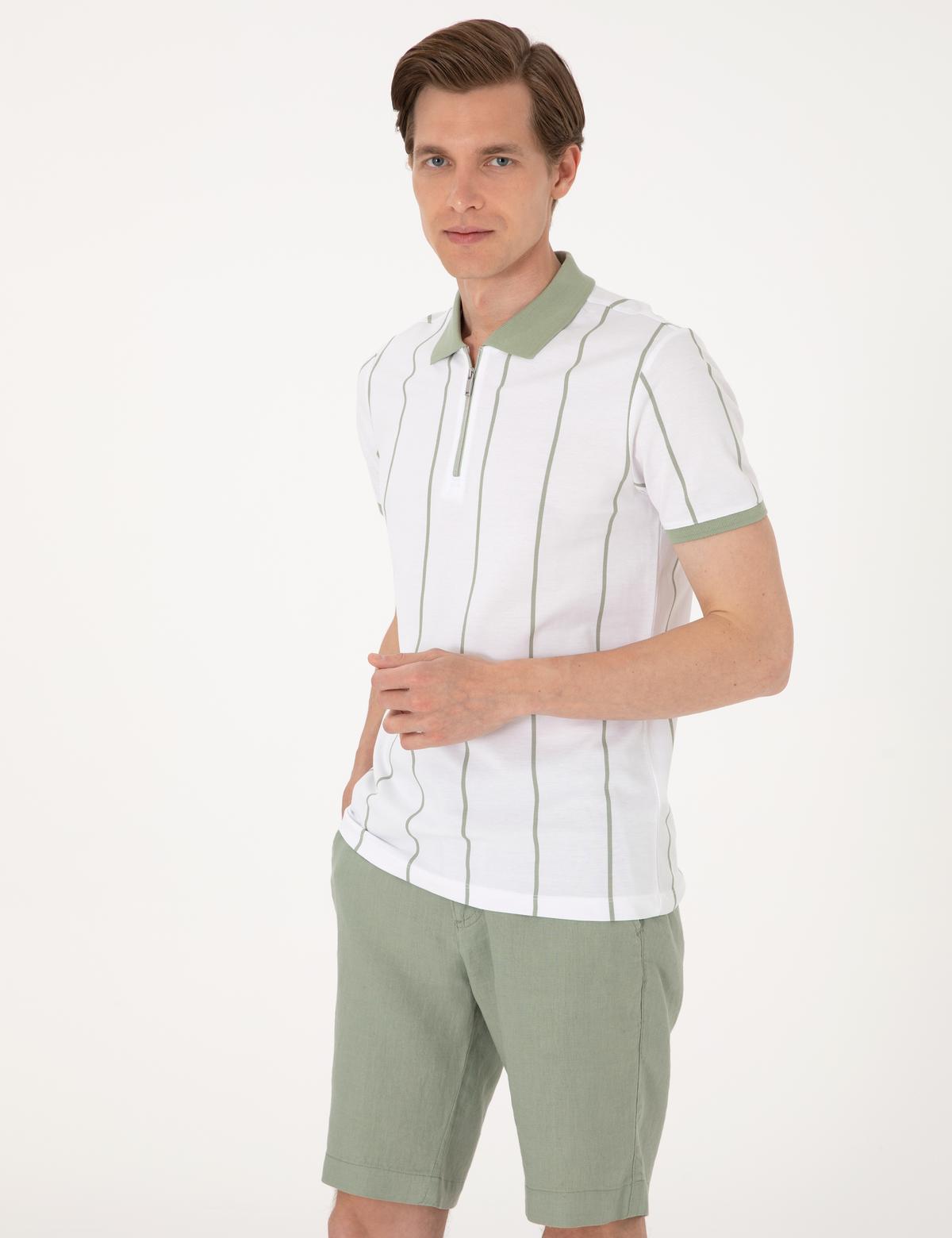 Çağla Yeşili Çizgi Detaylı Slim Fit Polo Yaka Tişört - 50307519010