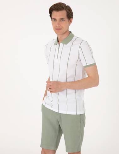 Çağla Yeşili Çizgi Detaylı Slim Fit Polo Yaka Tişört