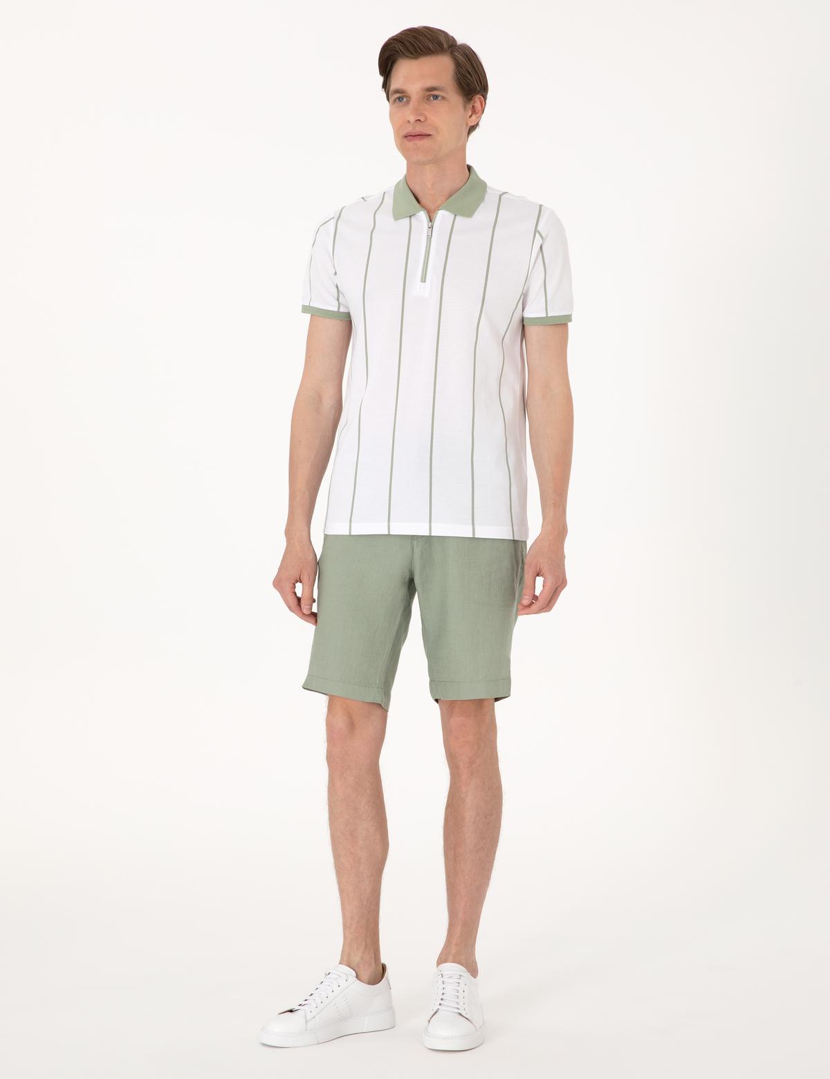 Çağla Yeşili Çizgi Detaylı Slim Fit Polo Yaka Tişört - 50307519010