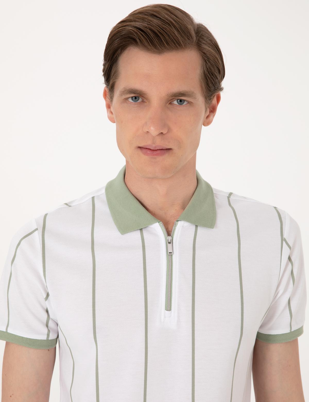 Çağla Yeşili Çizgi Detaylı Slim Fit Polo Yaka Tişört - 50307519010