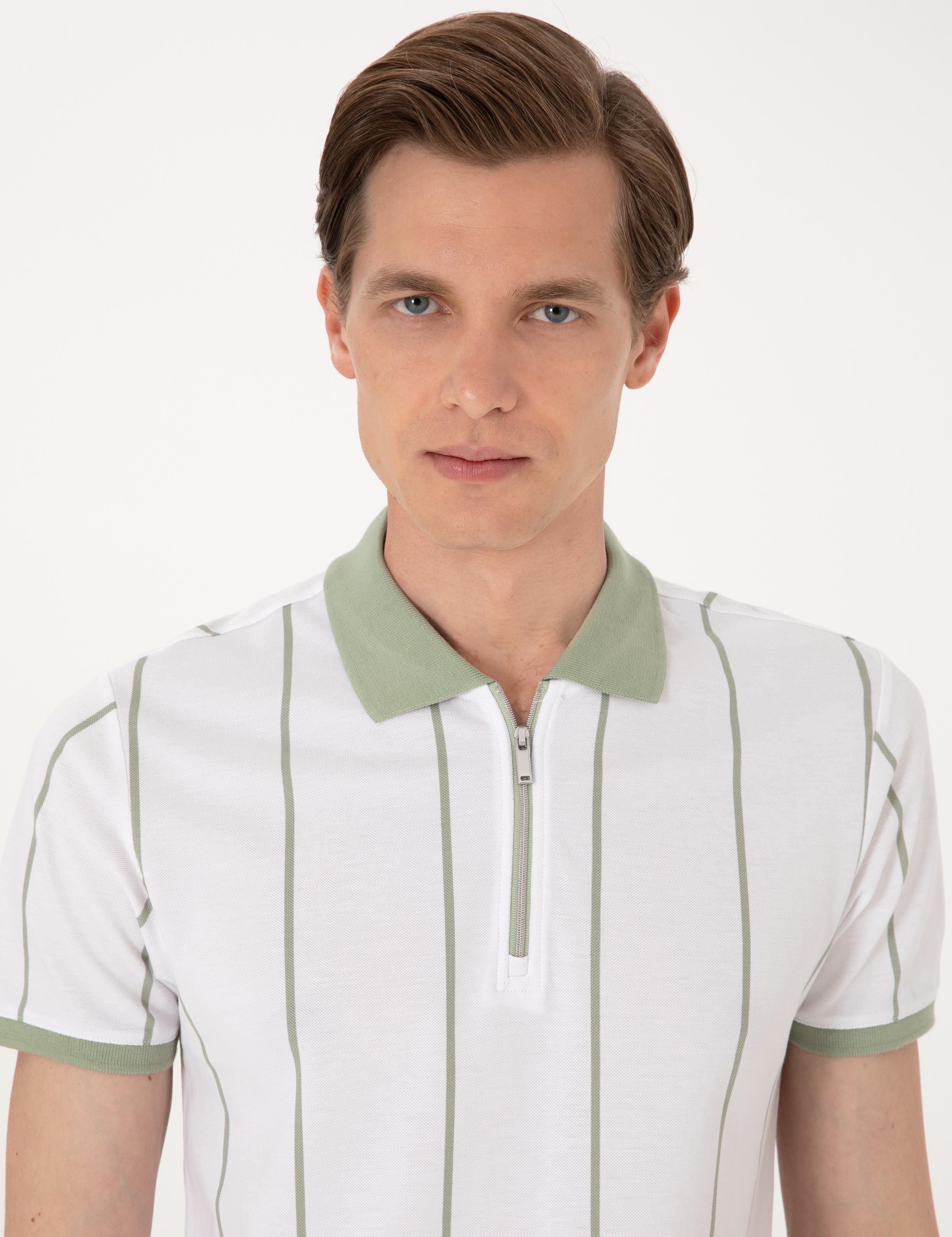Çağla Yeşili Çizgi Detaylı Slim Fit Polo Yaka Tişört