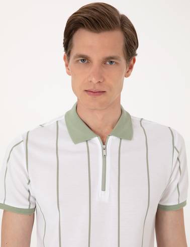 Çağla Yeşili Çizgi Detaylı Slim Fit Polo Yaka Tişört