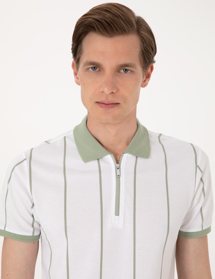 Çağla Yeşili Çizgi Detaylı Slim Fit Polo Yaka Tişört
