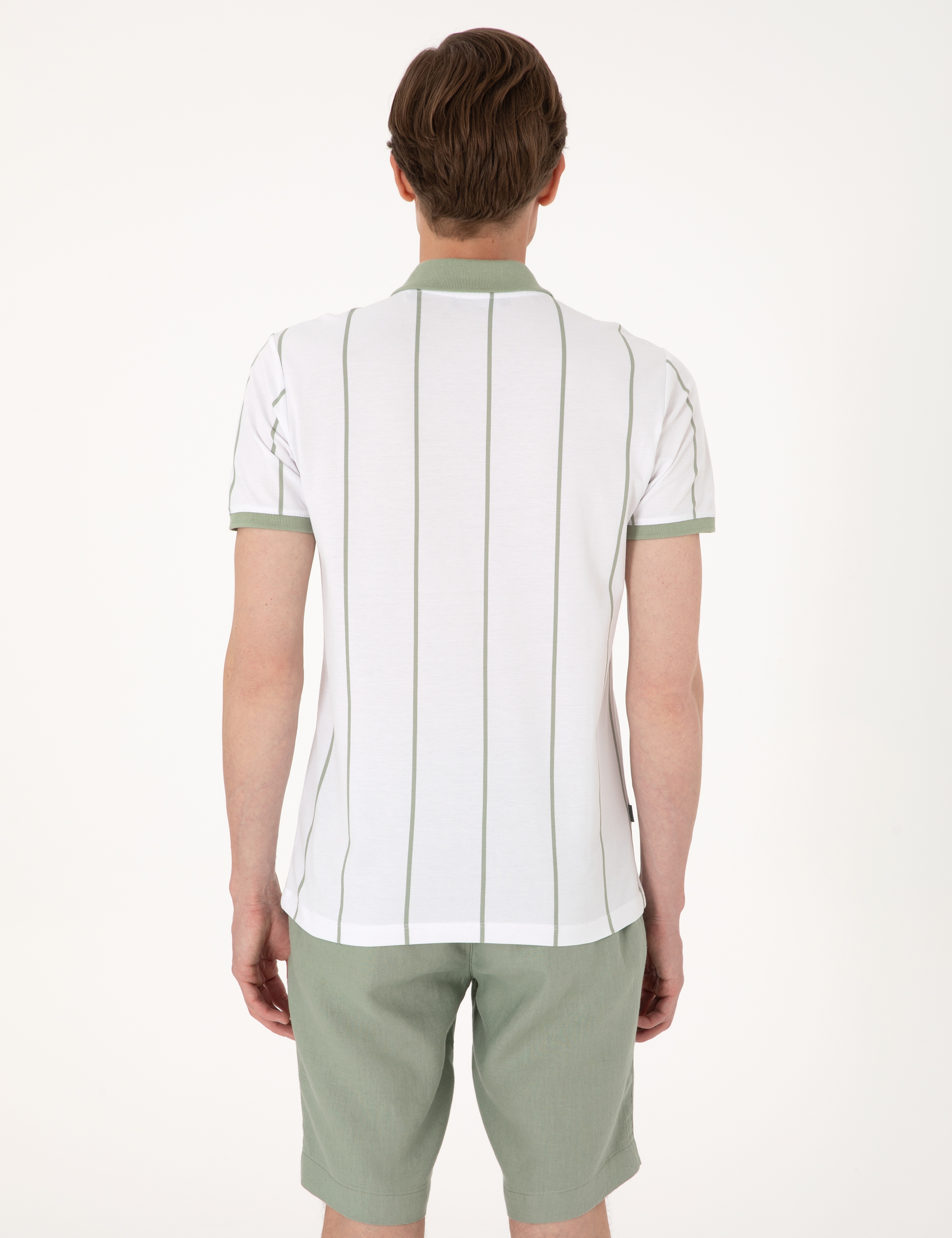Çağla Yeşili Çizgi Detaylı Slim Fit Polo Yaka Tişört - Image 5