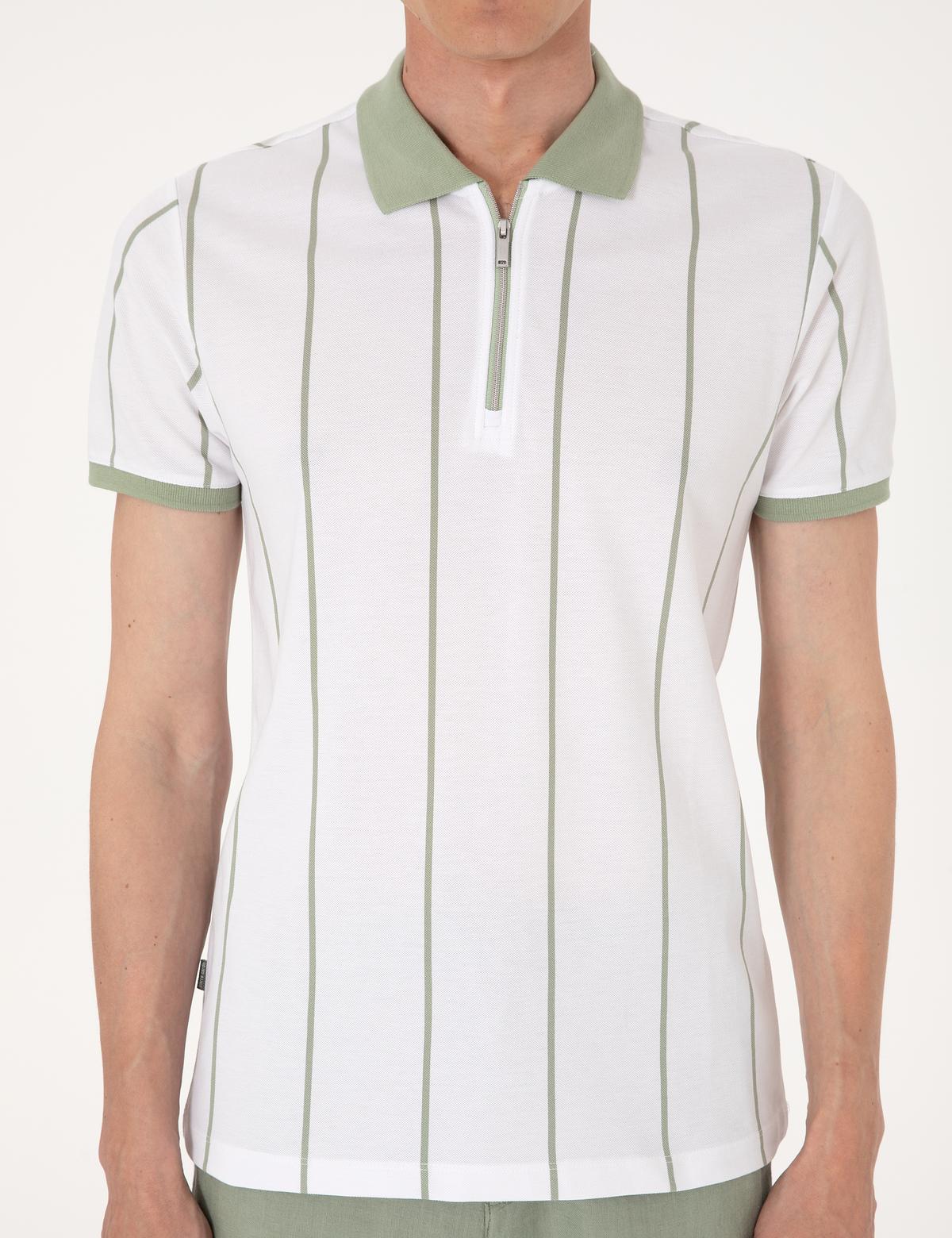 Çağla Yeşili Çizgi Detaylı Slim Fit Polo Yaka Tişört - 50307519010
