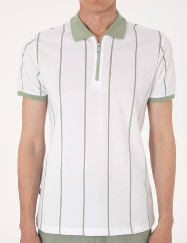 Çağla Yeşili Çizgi Detaylı Slim Fit Polo Yaka Tişört