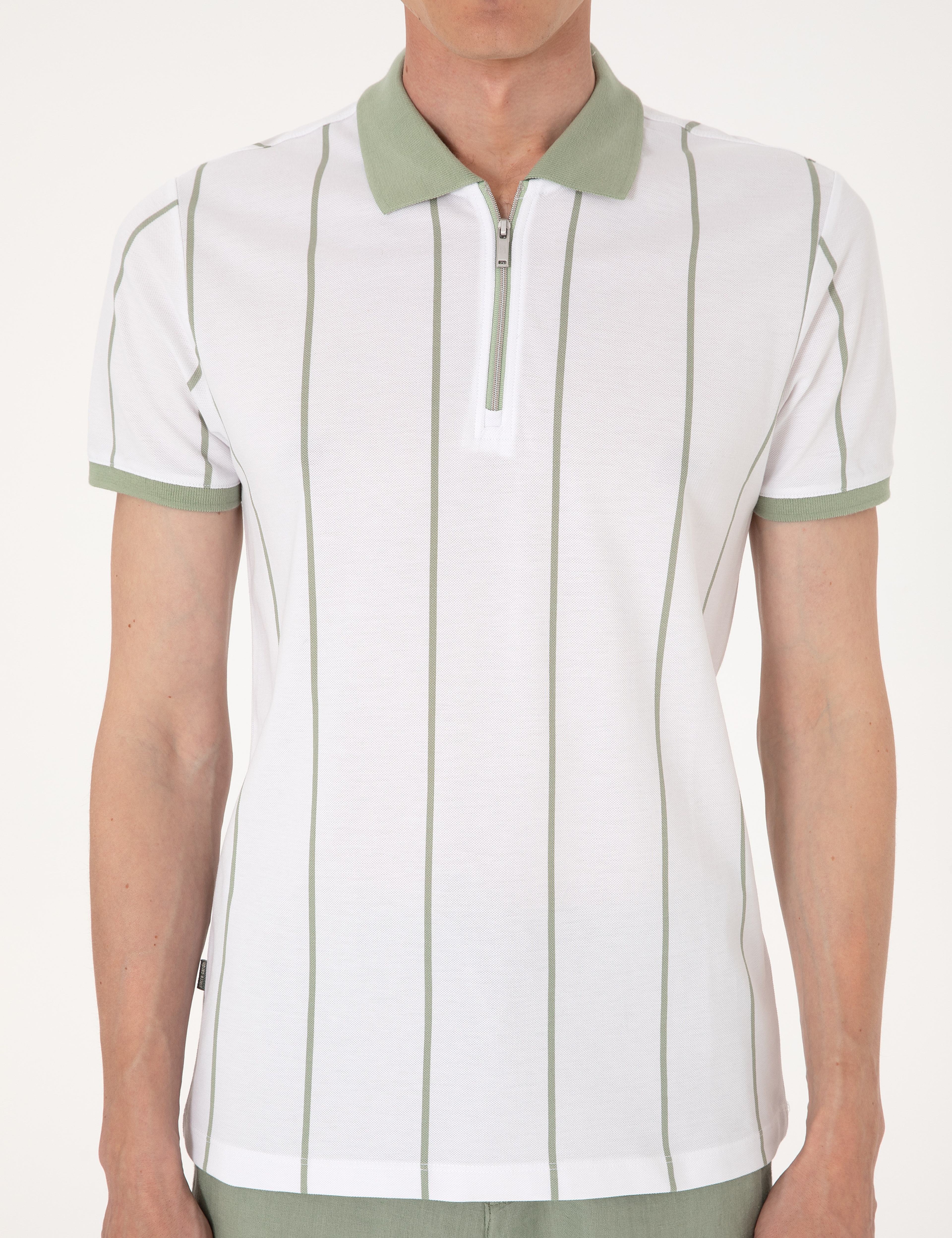 Çağla Yeşili Çizgi Detaylı Slim Fit Polo Yaka Tişört