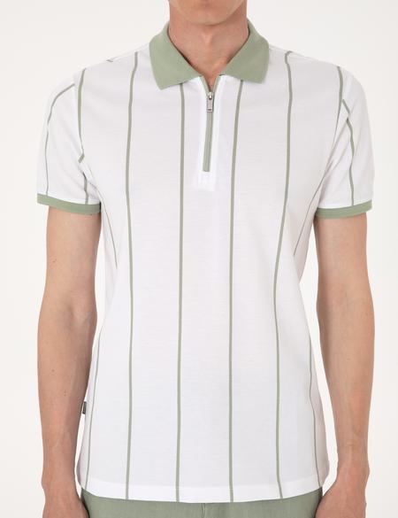 Çağla Yeşili Çizgi Detaylı Slim Fit Polo Yaka Tişört - 50307519010