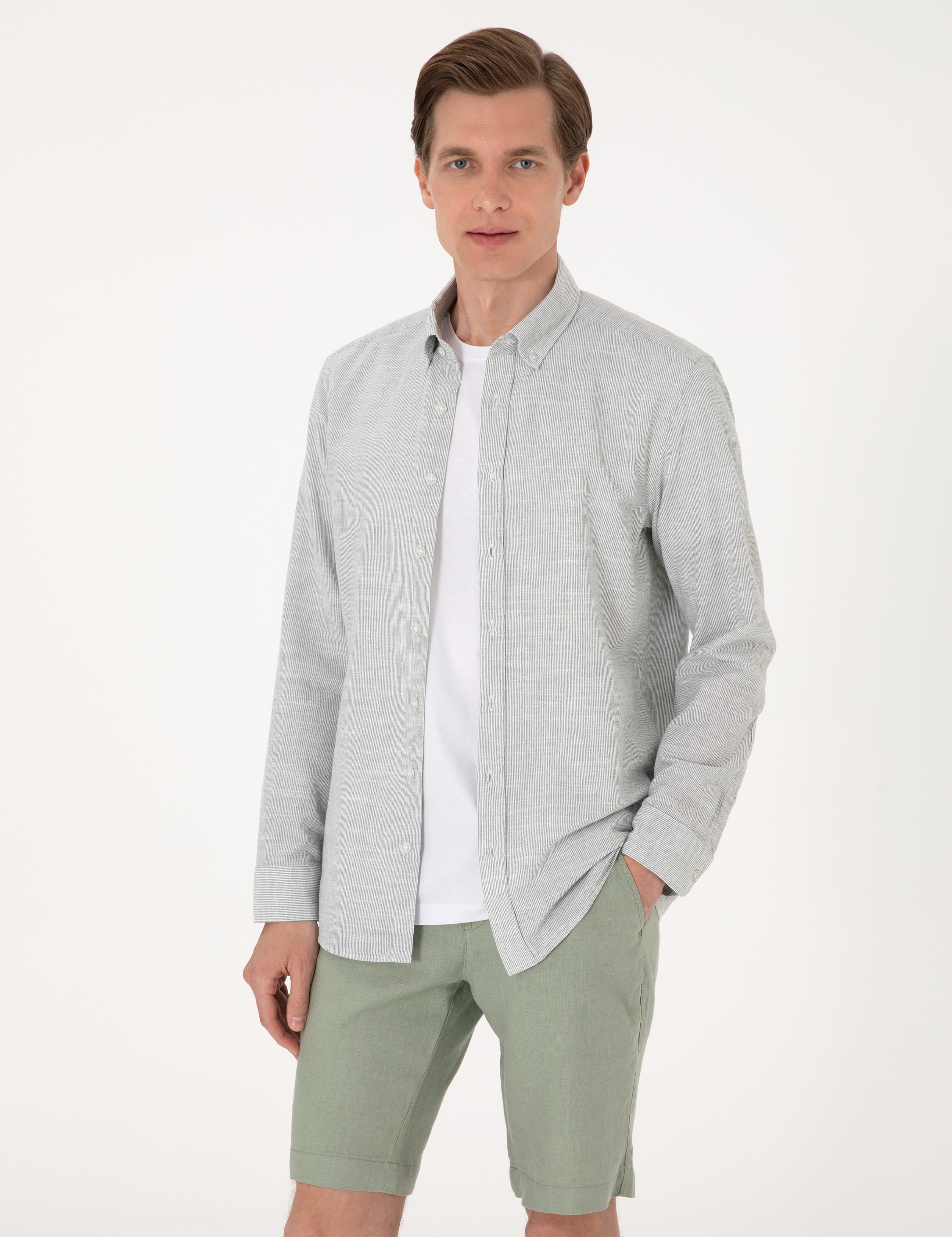 Yeşil Slim Fit Uzun Kollu Gömlek - Image 3