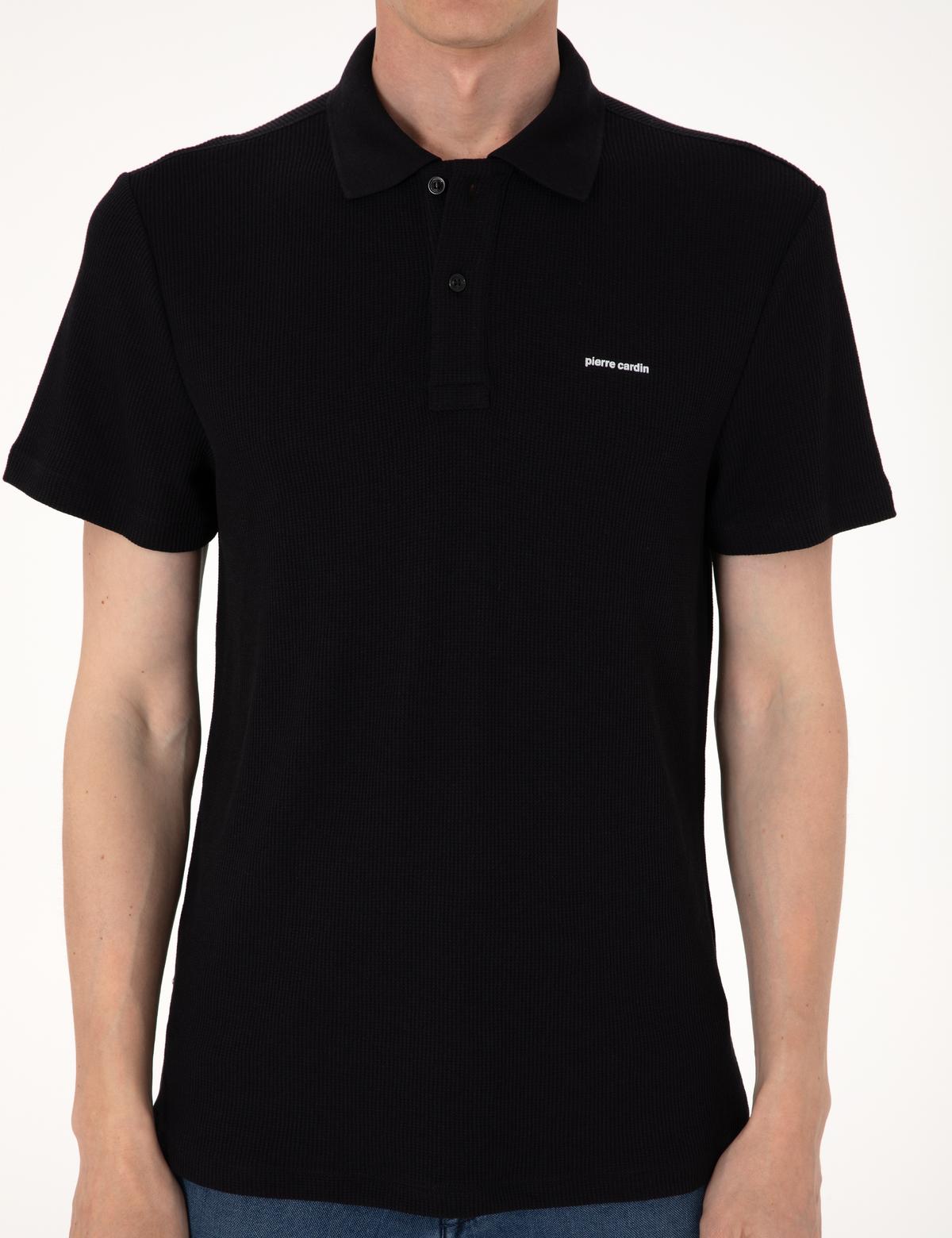 Siyah Slim Fit Örme Dokulu Polo Yaka Tişört - 50309946010