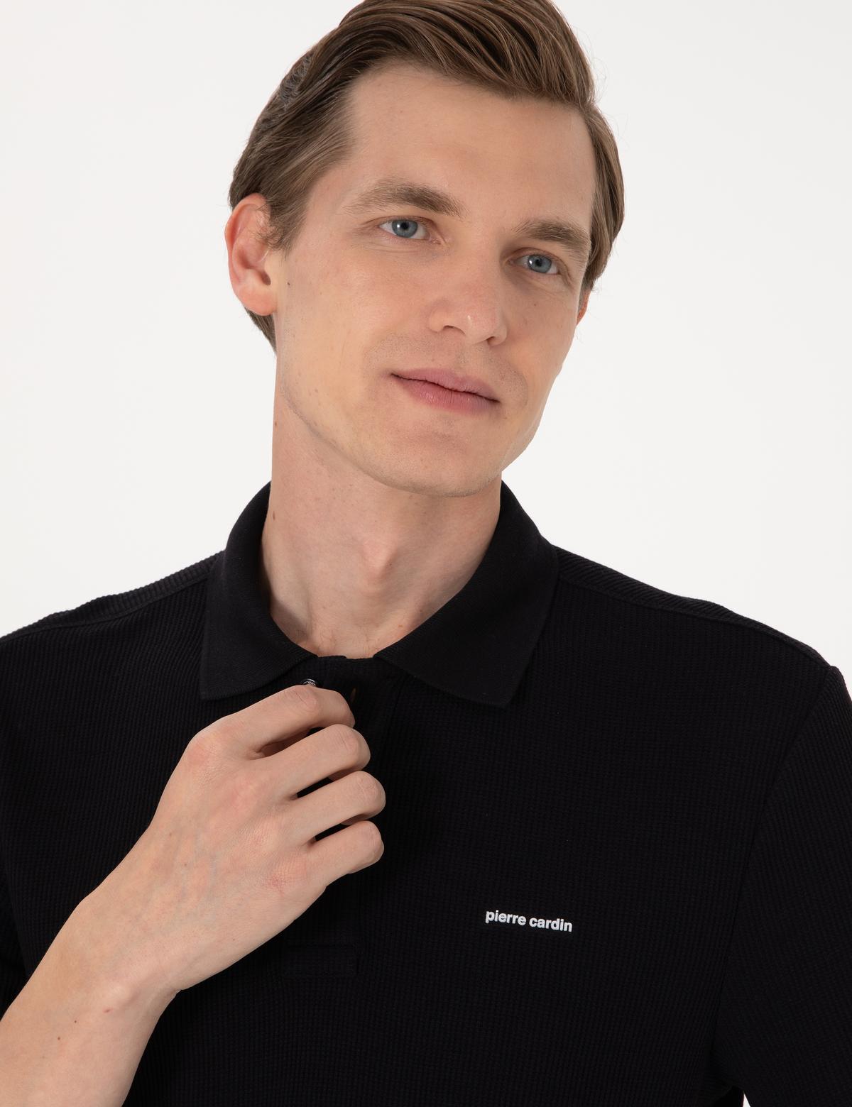 Siyah Slim Fit Örme Dokulu Polo Yaka Tişört - 50309946010