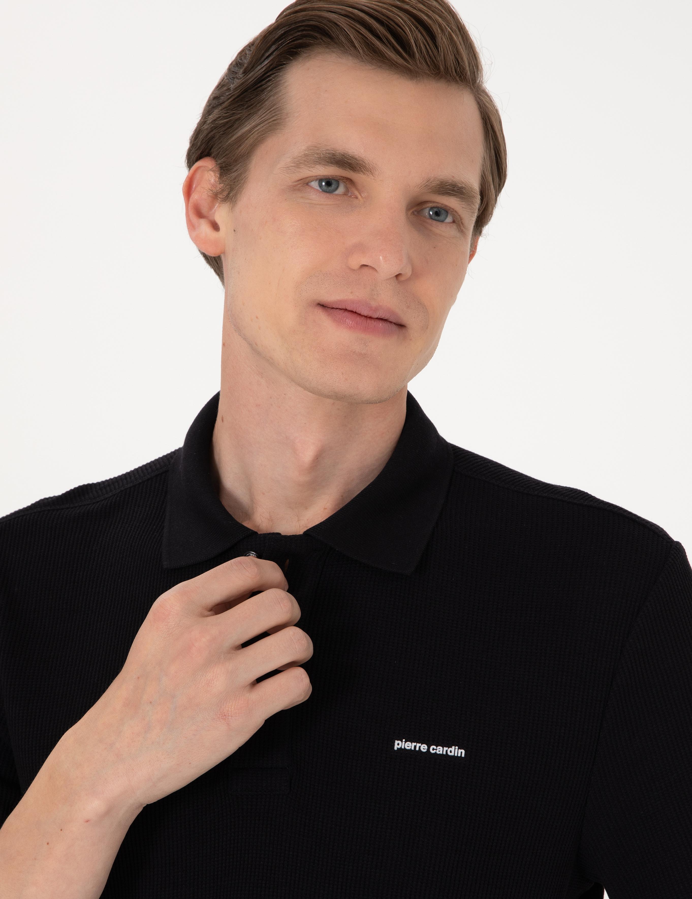 Siyah Slim Fit Örme Dokulu Polo Yaka Tişört