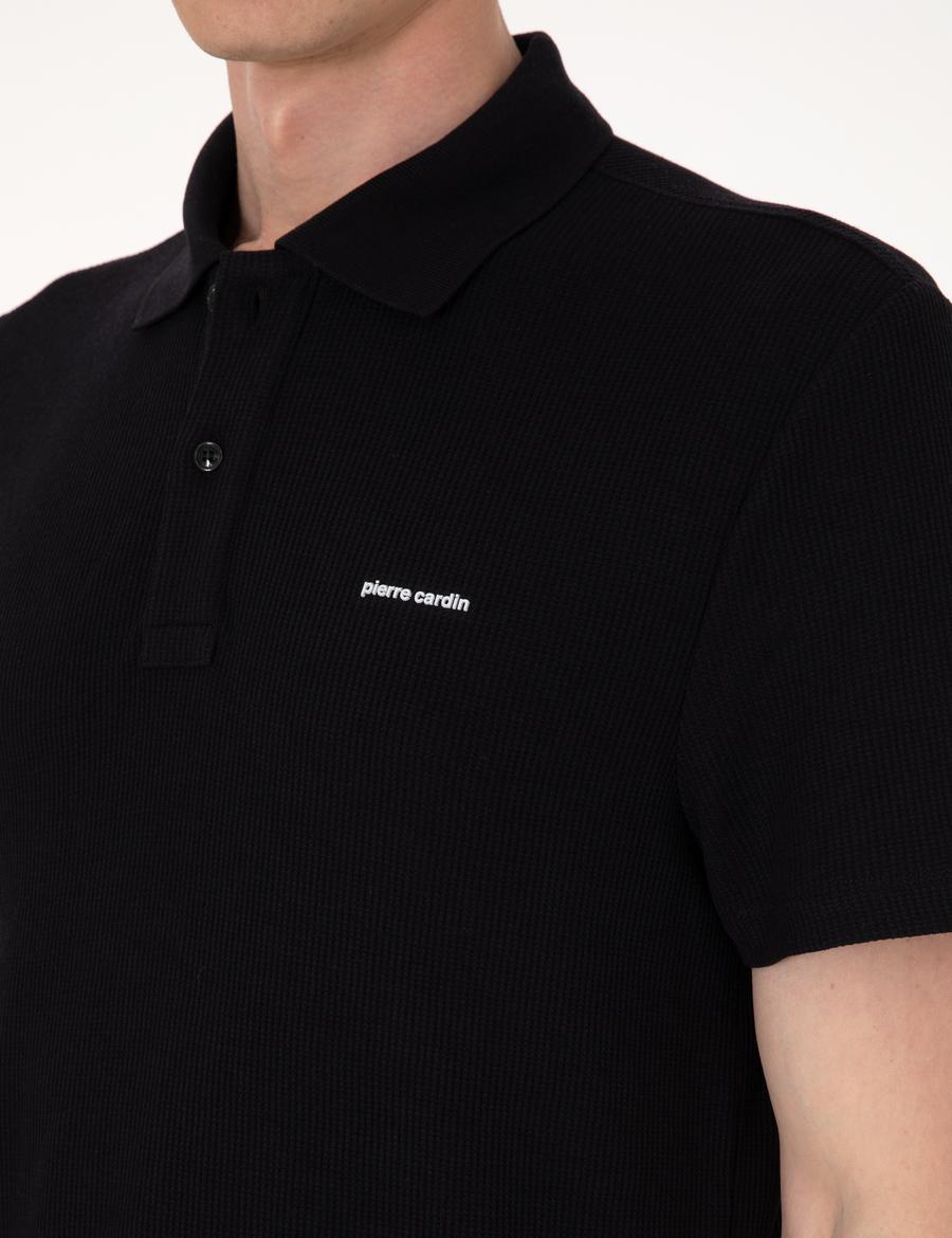 Siyah Slim Fit Örme Dokulu Polo Yaka Tişört