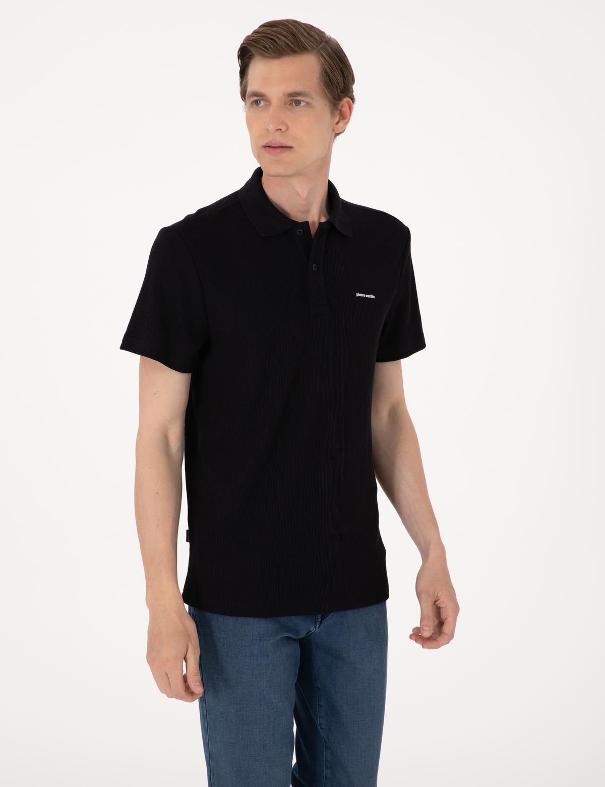 Siyah Slim Fit Örme Dokulu Polo Yaka Tişört - 50309946010