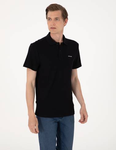 Siyah Slim Fit Örme Dokulu Polo Yaka Tişört