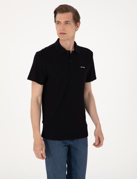 Siyah Slim Fit Örme Dokulu Polo Yaka Tişört - 50309946010