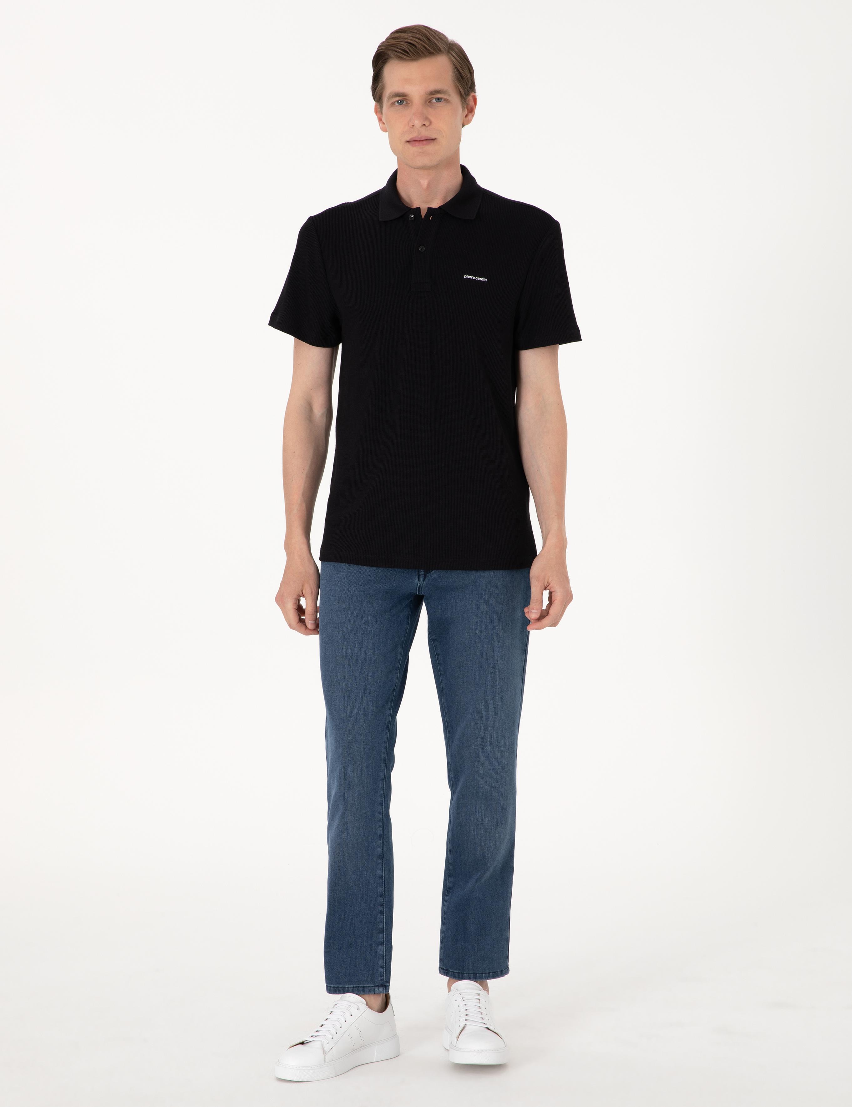 Siyah Slim Fit Örme Dokulu Polo Yaka Tişört