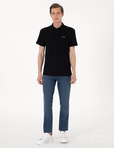 Siyah Slim Fit Örme Dokulu Polo Yaka Tişört