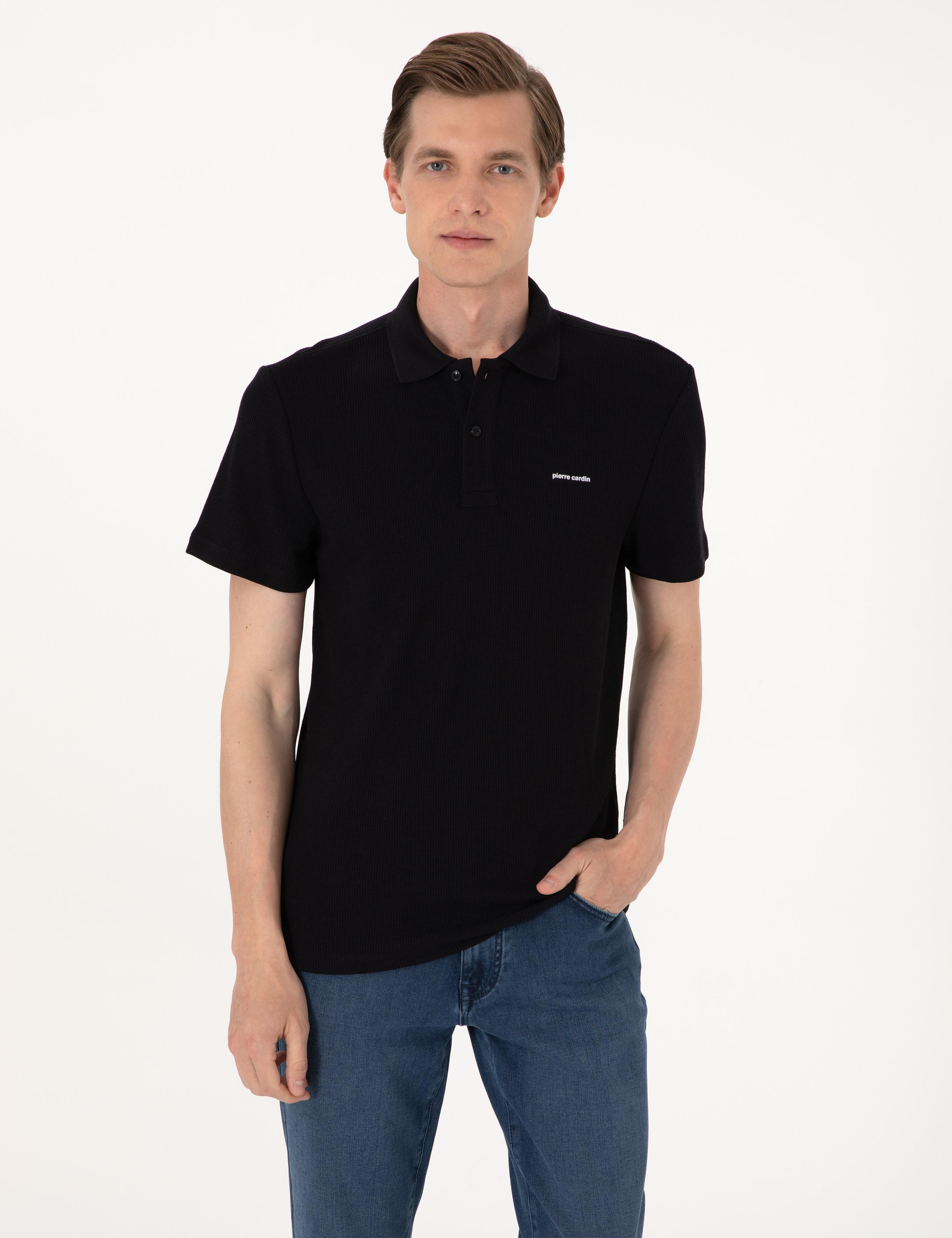 Siyah Slim Fit Örme Dokulu Polo Yaka Tişört