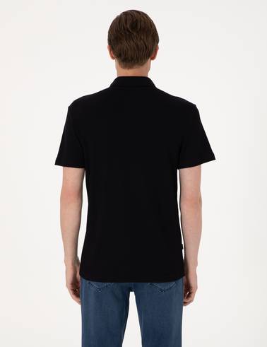 Siyah Slim Fit Örme Dokulu Polo Yaka Tişört