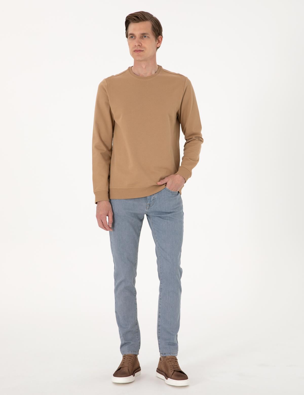 Açık Kahverengi 2 İplik Regular Fit Bisiklet Yaka Basic Sweatshirt - 50314054115