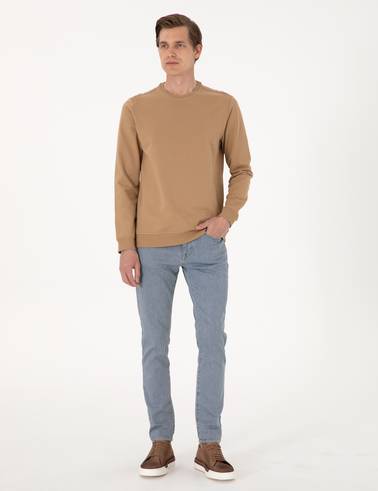 Açık Kahverengi 2 İplik Regular Fit Bisiklet Yaka Basic Sweatshirt