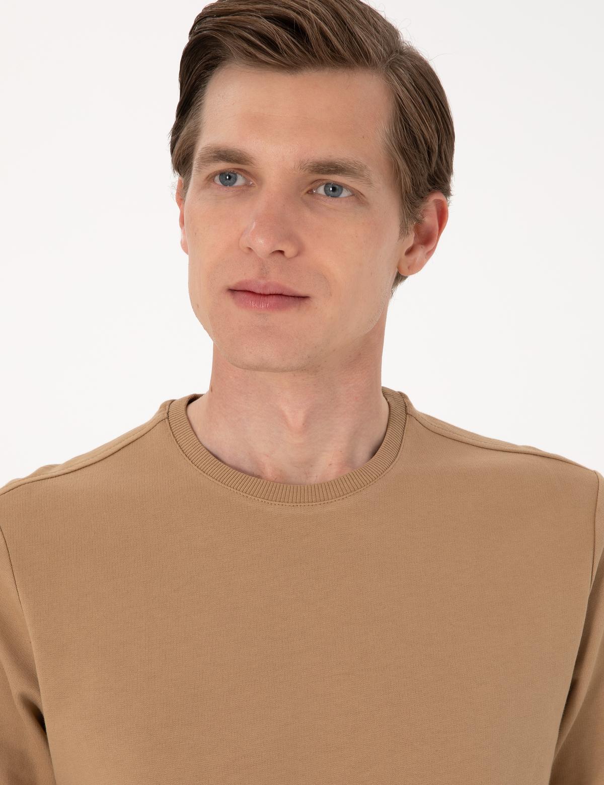 Açık Kahverengi 2 İplik Regular Fit Bisiklet Yaka Basic Sweatshirt - 50314054115