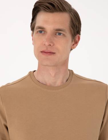 Açık Kahverengi 2 İplik Regular Fit Bisiklet Yaka Basic Sweatshirt