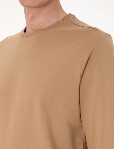Açık Kahverengi 2 İplik Regular Fit Bisiklet Yaka Basic Sweatshirt