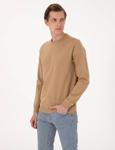 Açık Kahverengi 2 İplik Regular Fit Bisiklet Yaka Basic Sweatshirt