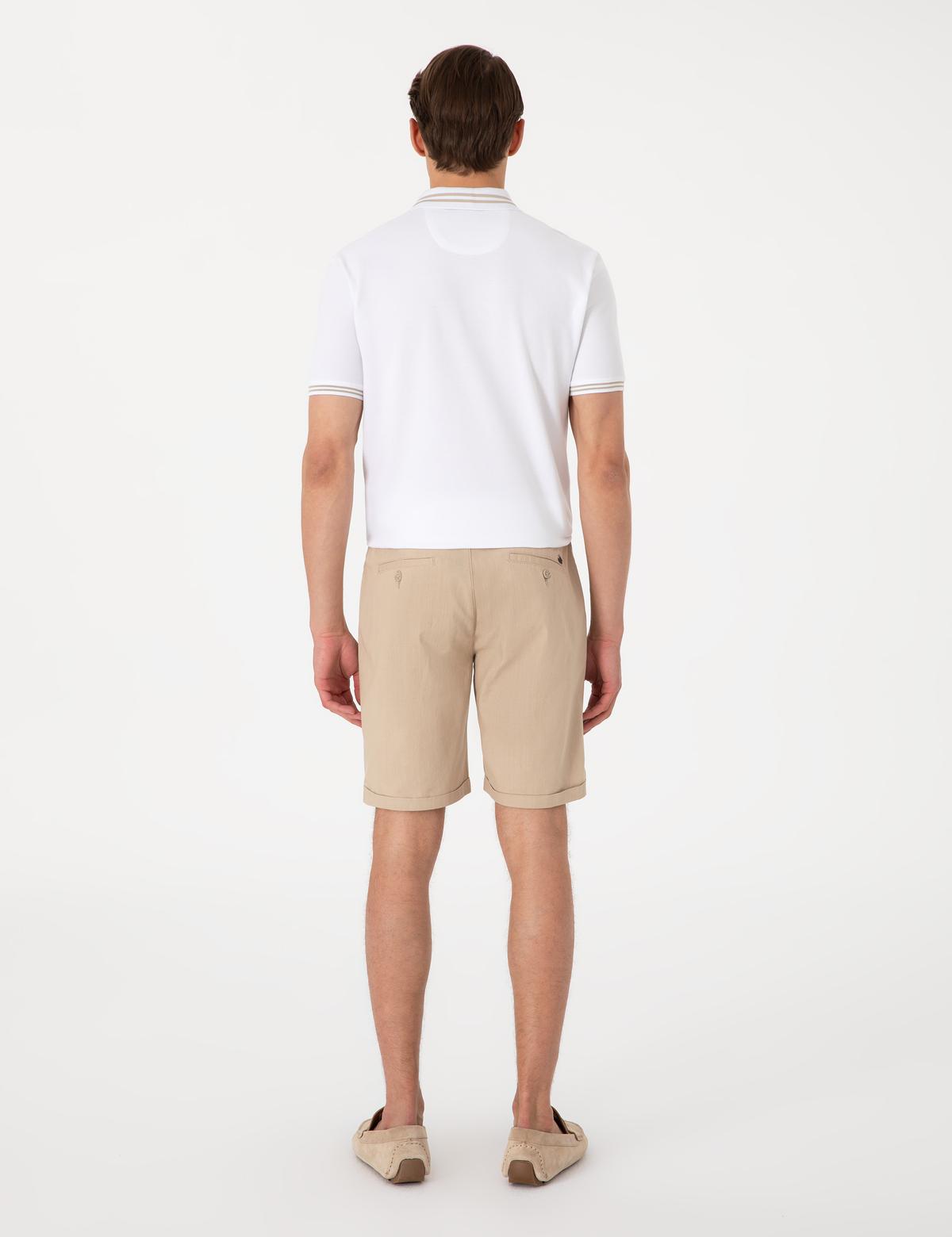 Bej Slim Fit Beli Lastikli Bağcıklı Dokuma Şort - 50308148024