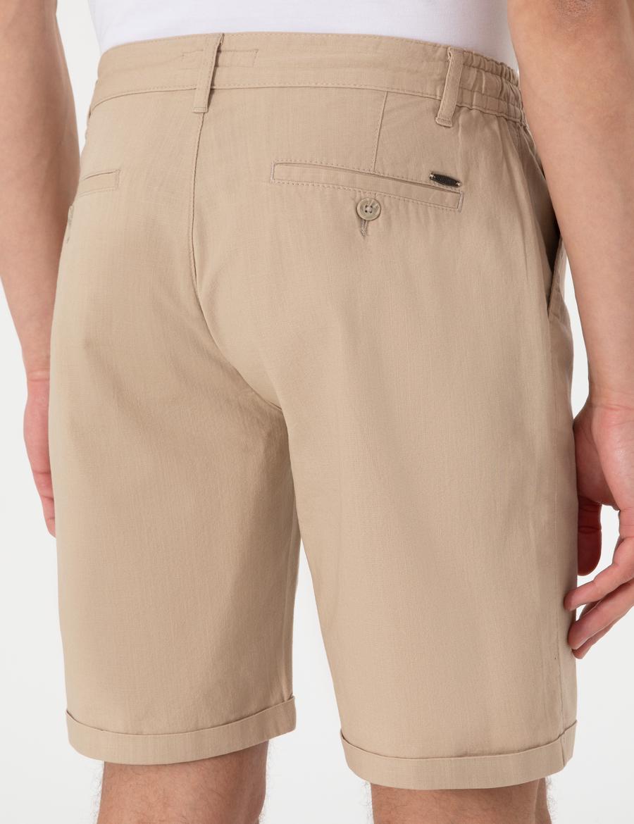 Bej Slim Fit Beli Lastikli Bağcıklı Dokuma Şort