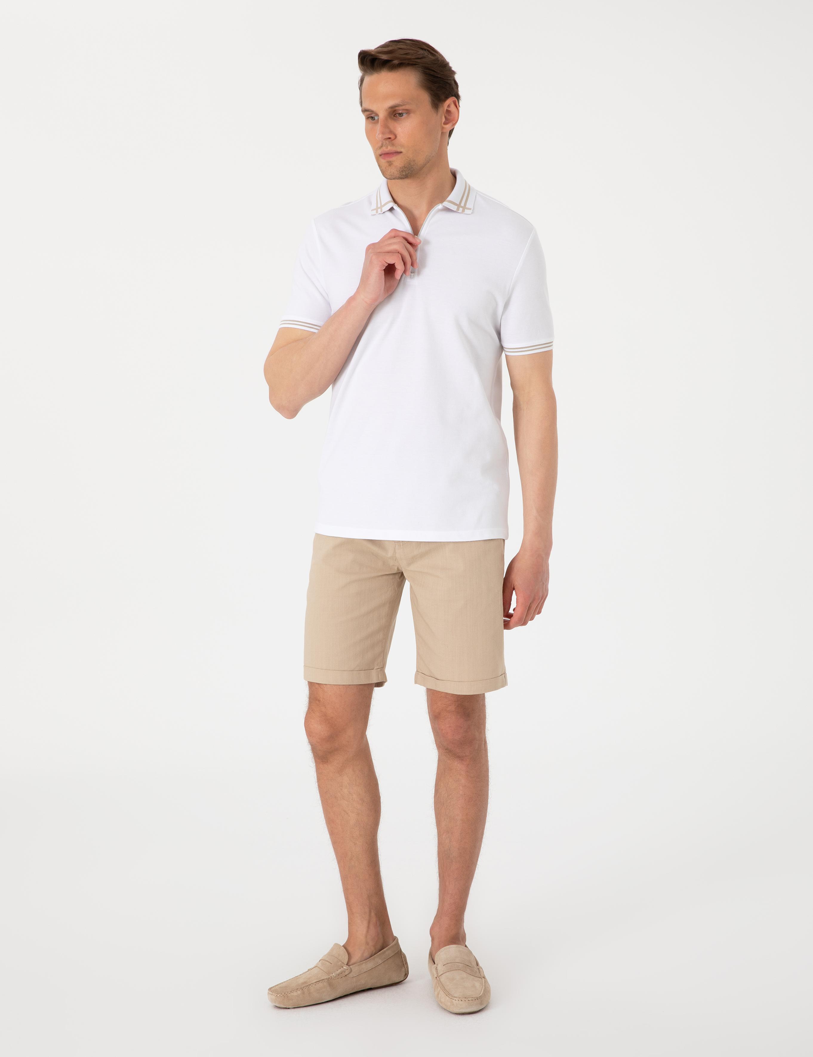 Bej Slim Fit Beli Lastikli Bağcıklı Dokuma Şort