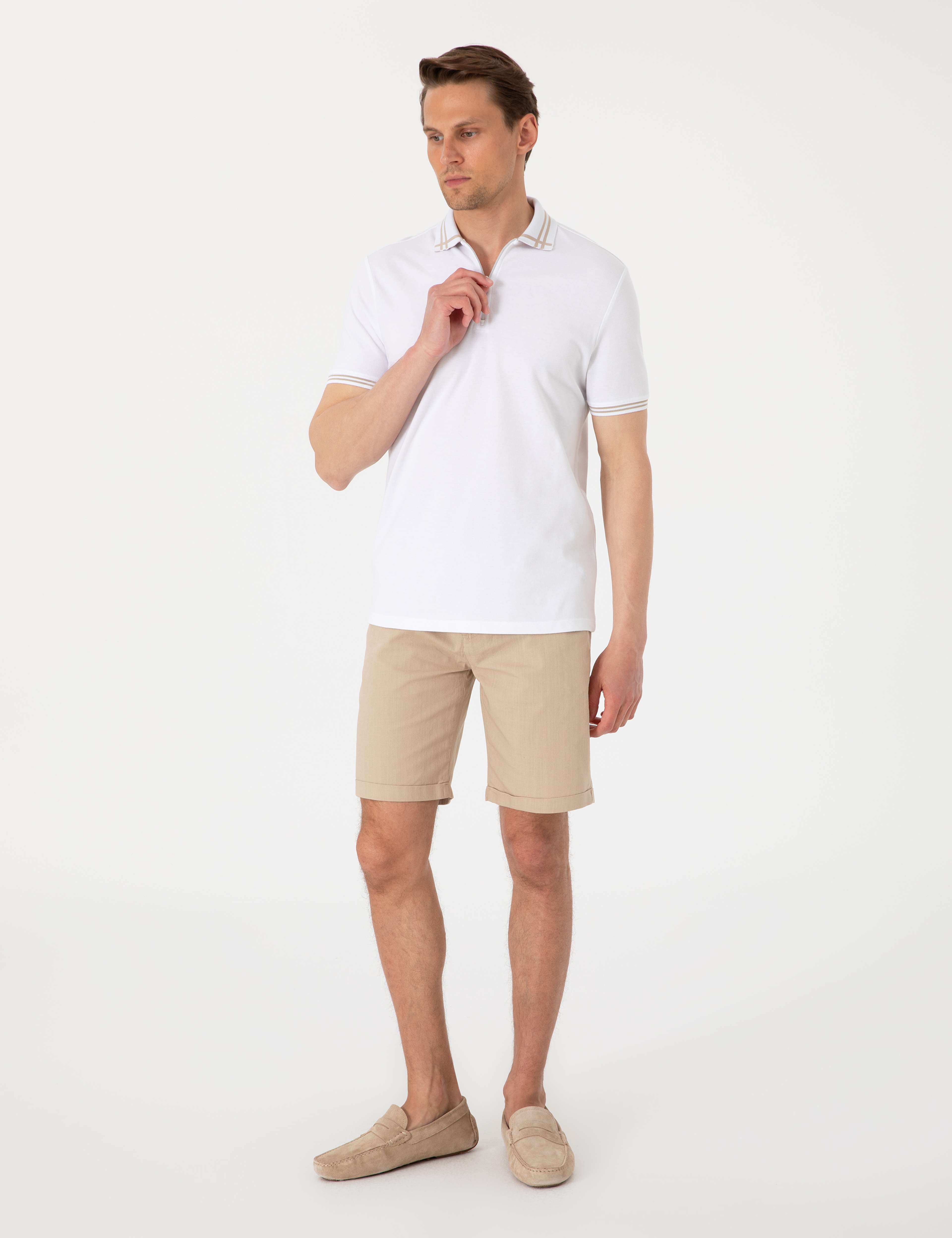Bej Slim Fit Beli Lastikli Bağcıklı Dokuma Şort - Image 3