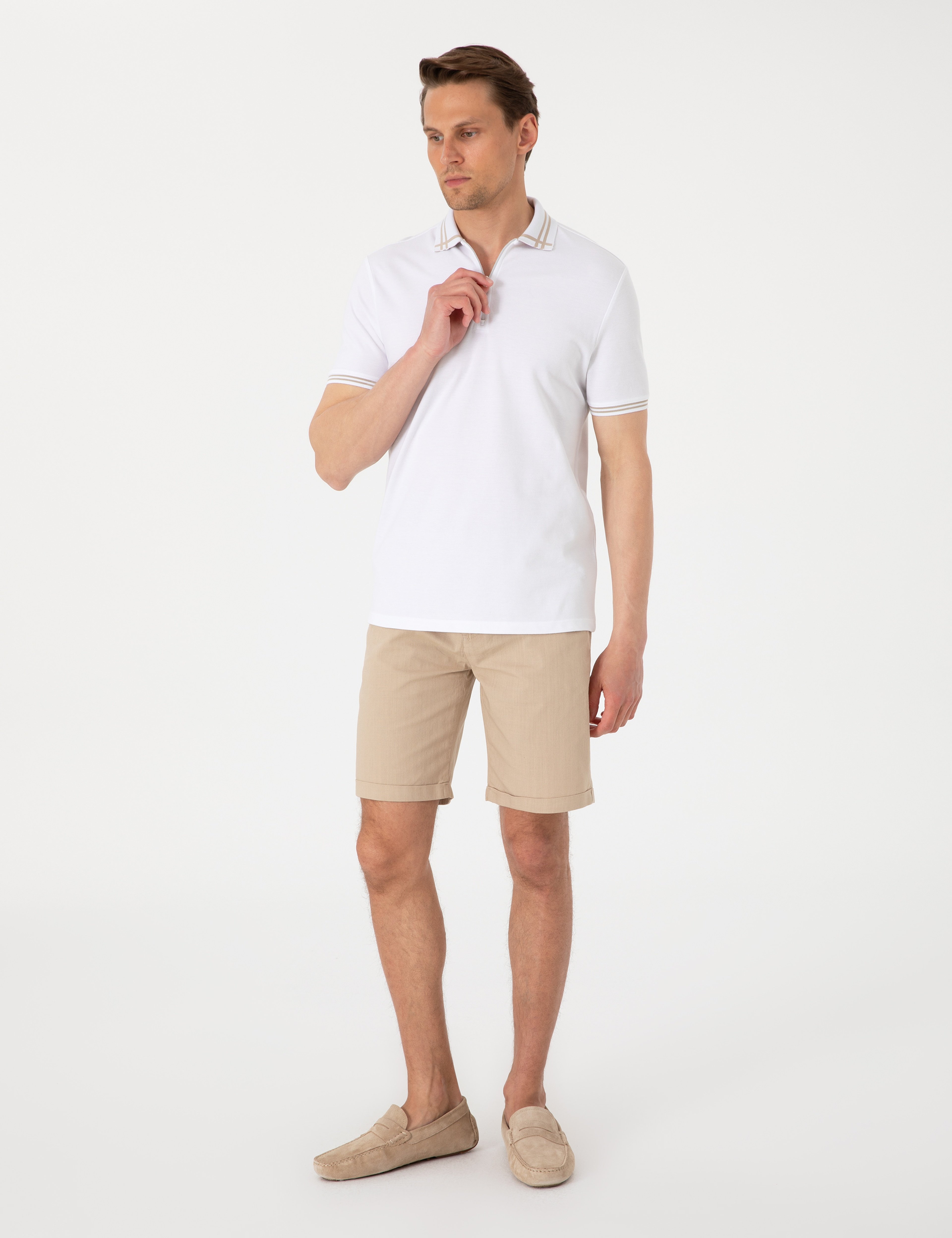 Bej Slim Fit Beli Lastikli Bağcıklı Dokuma Şort