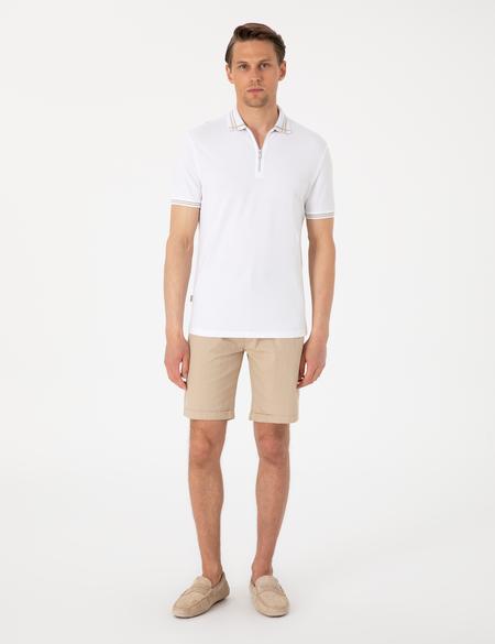 Bej Slim Fit Beli Lastikli Bağcıklı Dokuma Şort - 50308148024