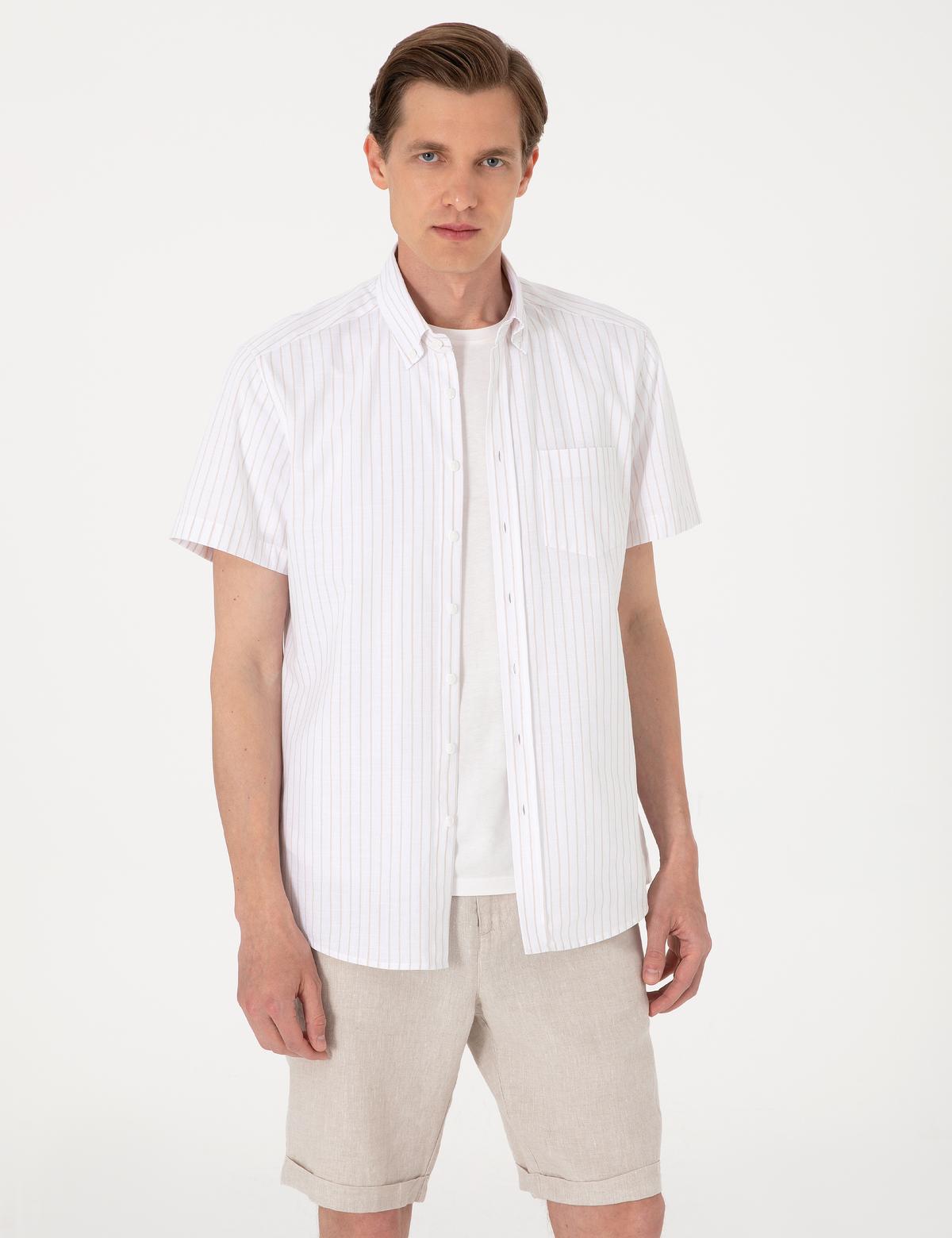 Bej Regular Fit Çizgili Kısa Kollu Gömlek - 50307082001