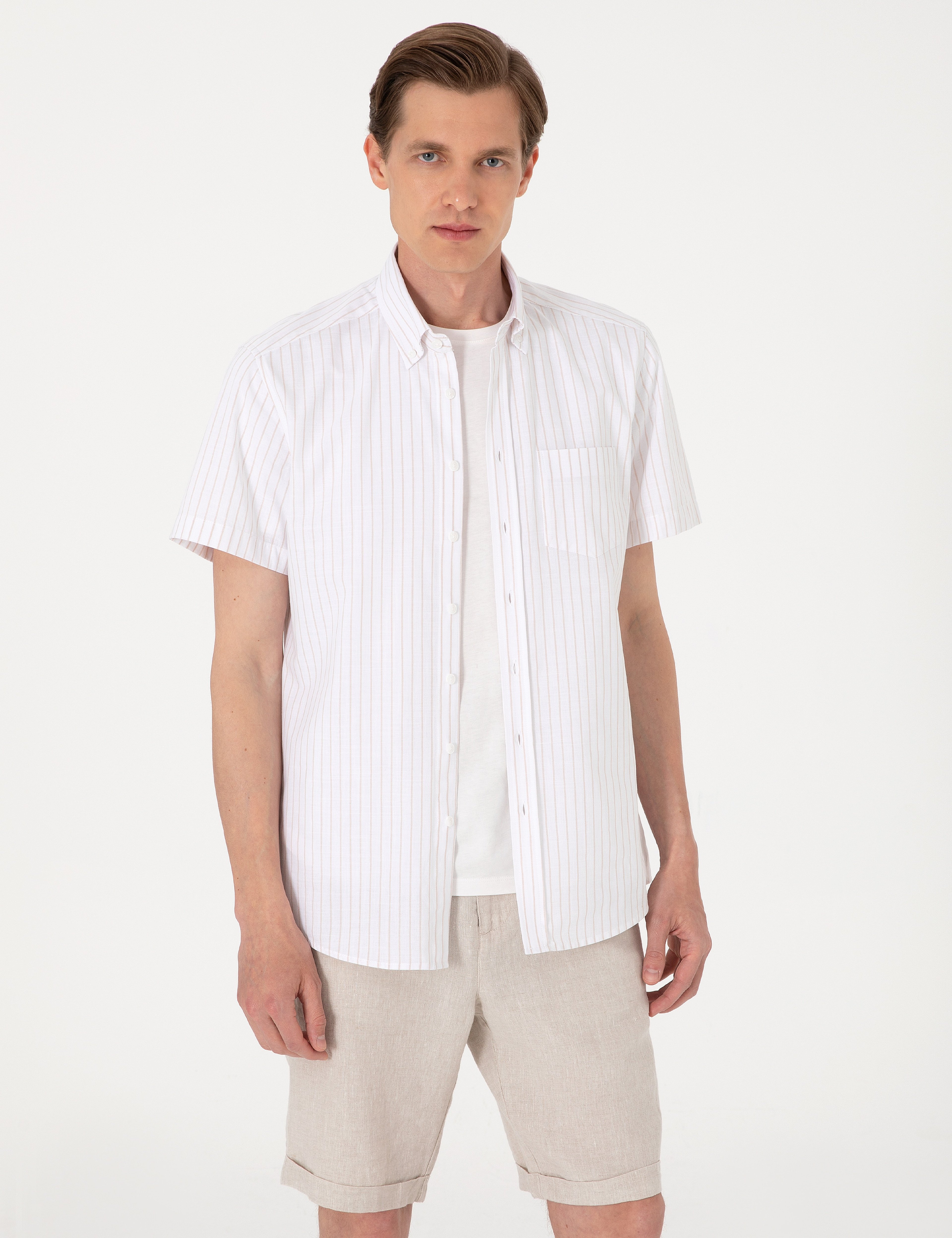 Bej Regular Fit Çizgili Kısa Kollu Gömlek - Image 3
